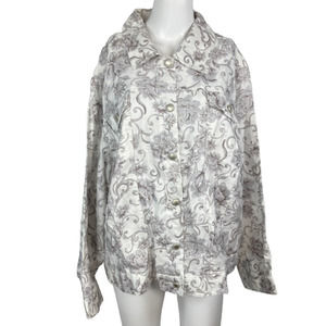 Lucy & Laurel Jacket Womens Sz 1X‎ White Gray Floral Linen Button Up Lightweight